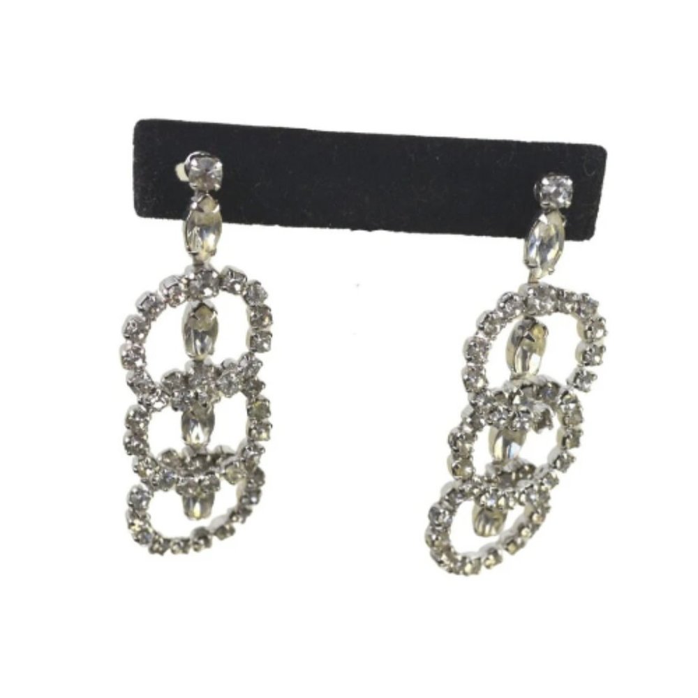 Long 3" Vintage Ring Dangle Prong Set White Rhinestone Clip On Earrings